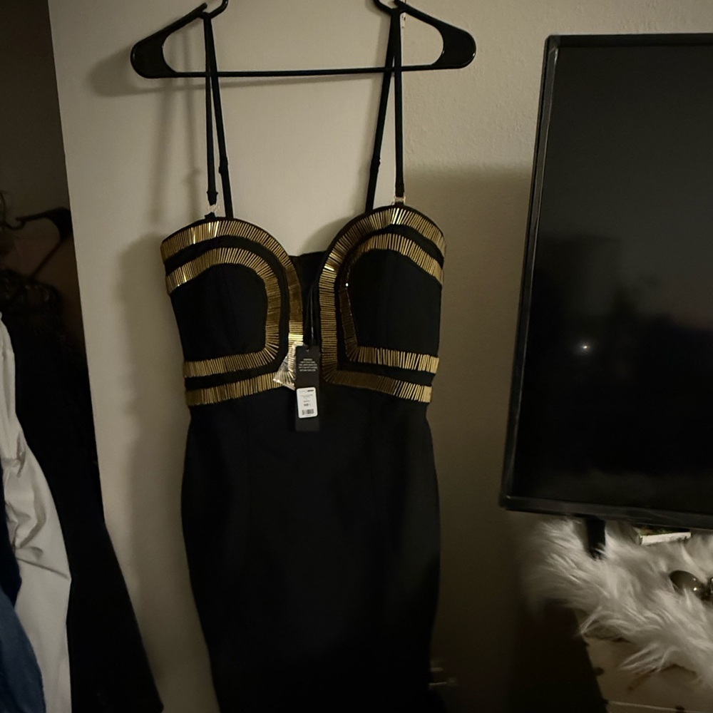 Fashion Nova Black and Gold Strapless Dress